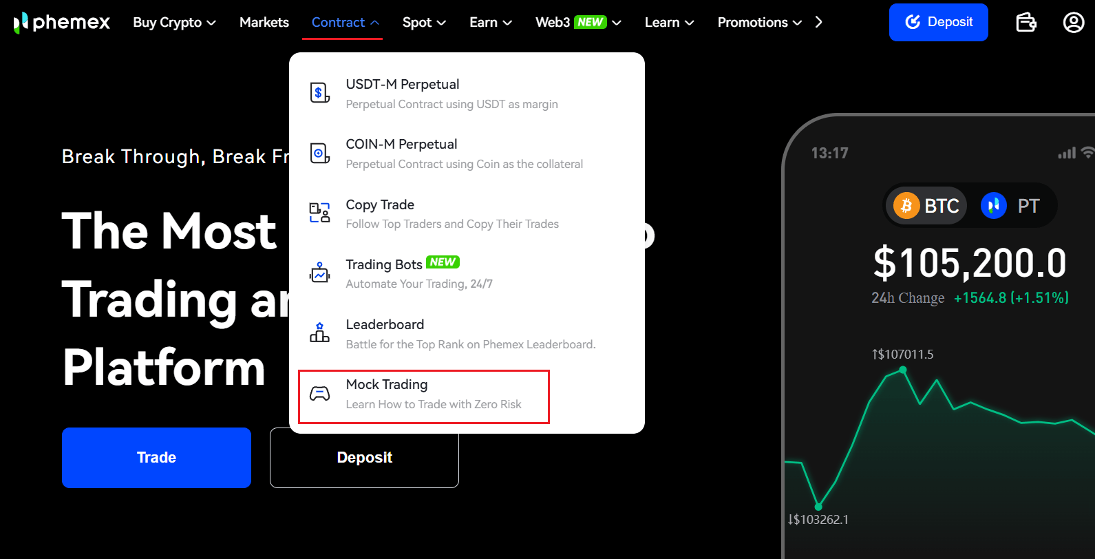 Mock Trading на Phemex